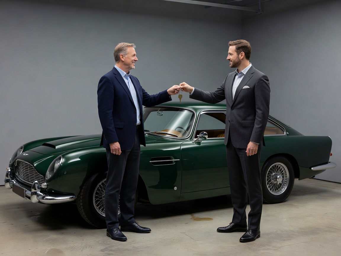 Automotive concierge specialist delivering keys to a client beside an imported classic vehicle in a private garage