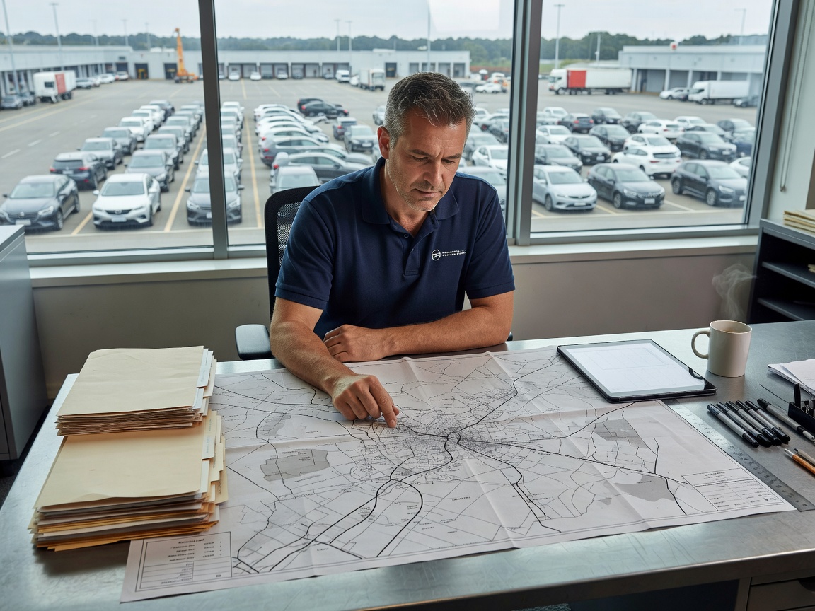 Automotive logistics specialist reviewing route maps and vehicle handover records at a design desk