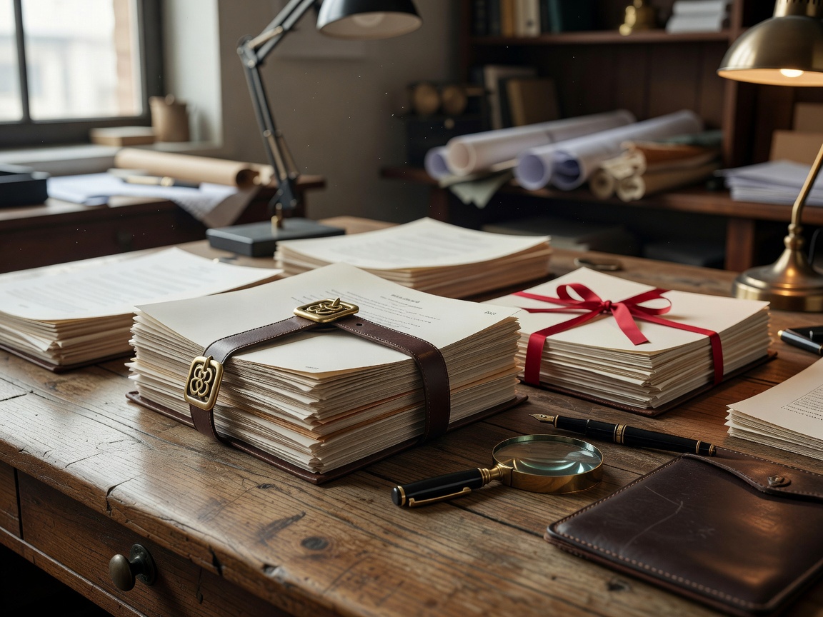 Formal commercial logistics contract dossiers and notarized papers on an atelier desk