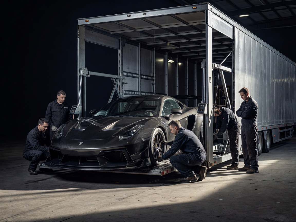 Low ground clearance performance automobile being loaded onto an enclosed transporter hydraulic lift