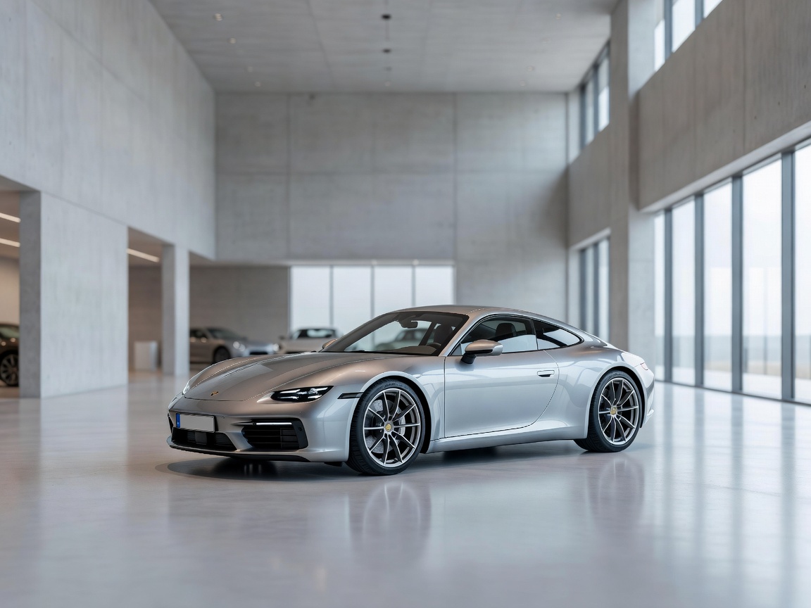 Modern classic sports vehicle parked in a minimalist German showroom facility