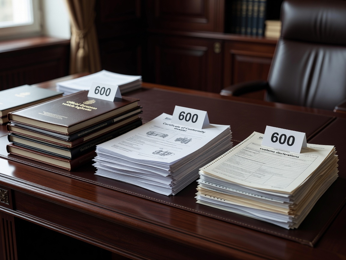 Official European vehicle logbooks, Certificate of Conformity dossiers, and customs declarations on an executive desk