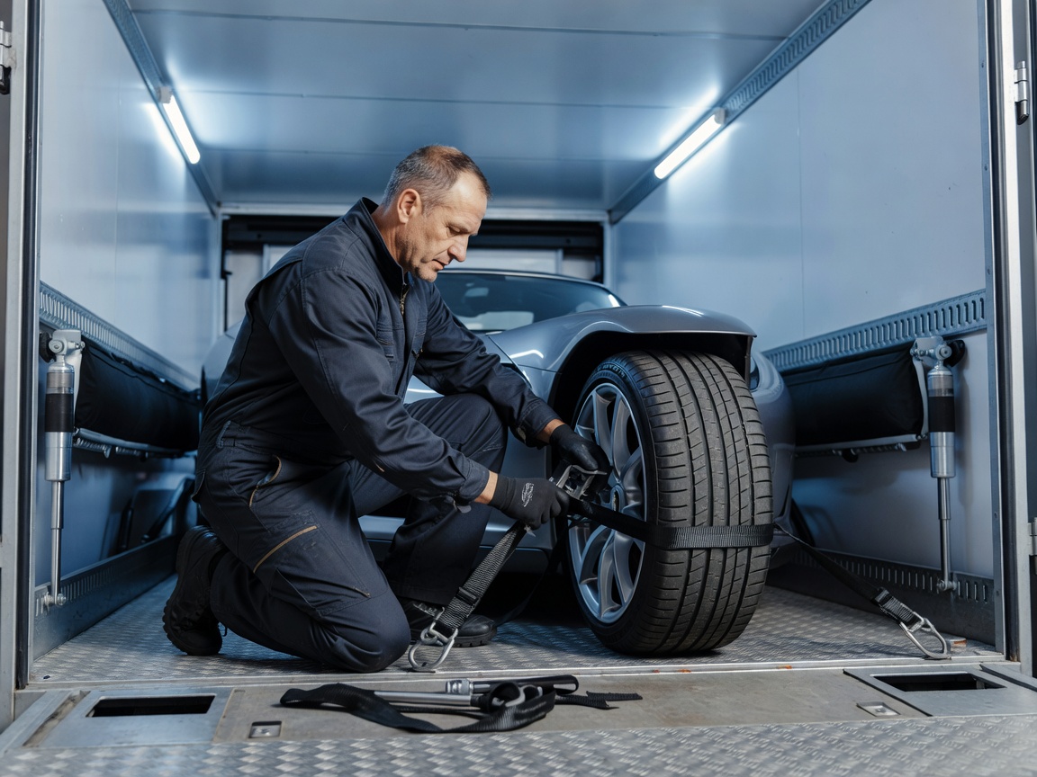 Specialist driver securing high-performance sports car wheels inside an air-suspended enclosed trailer