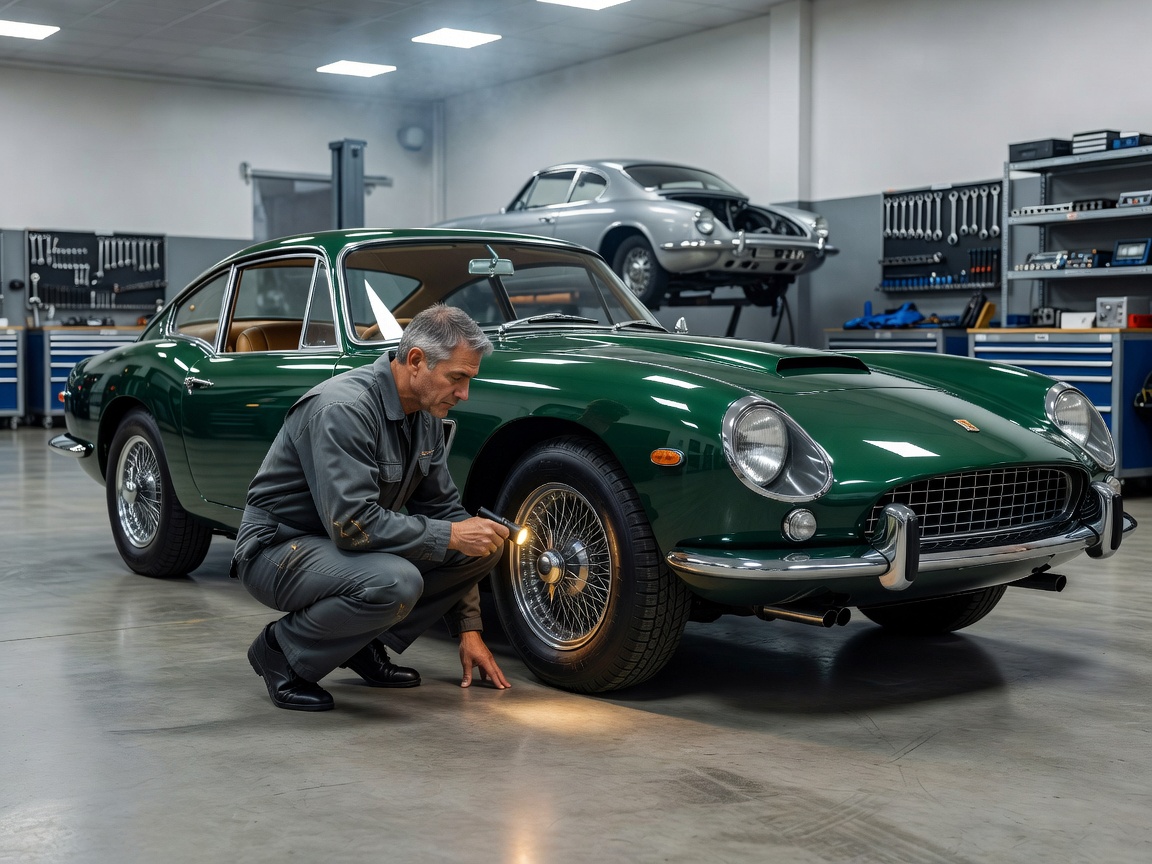 Specialist inspecting a classic Grand Tourer inside a climate-controlled European automotive atelier