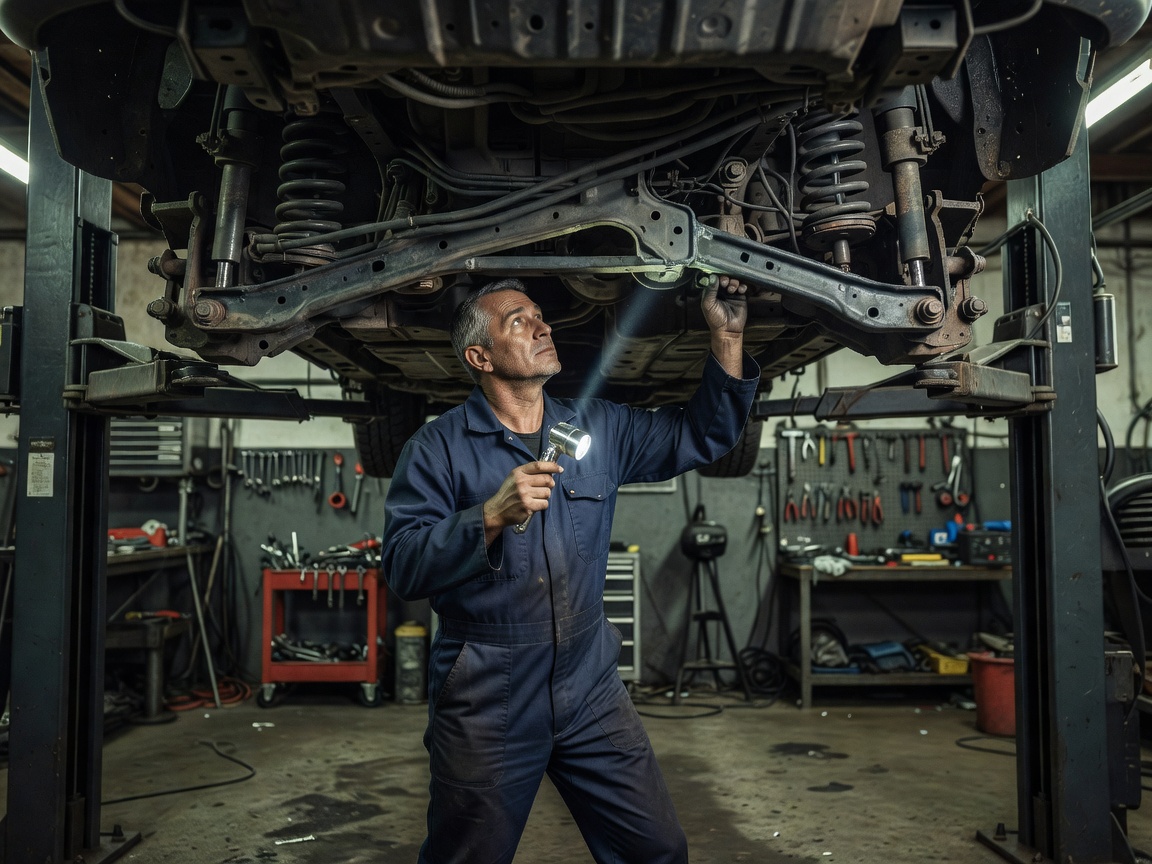 Technical automotive specialist examining vehicle underbody suspension and chassis on a hydraulic lift