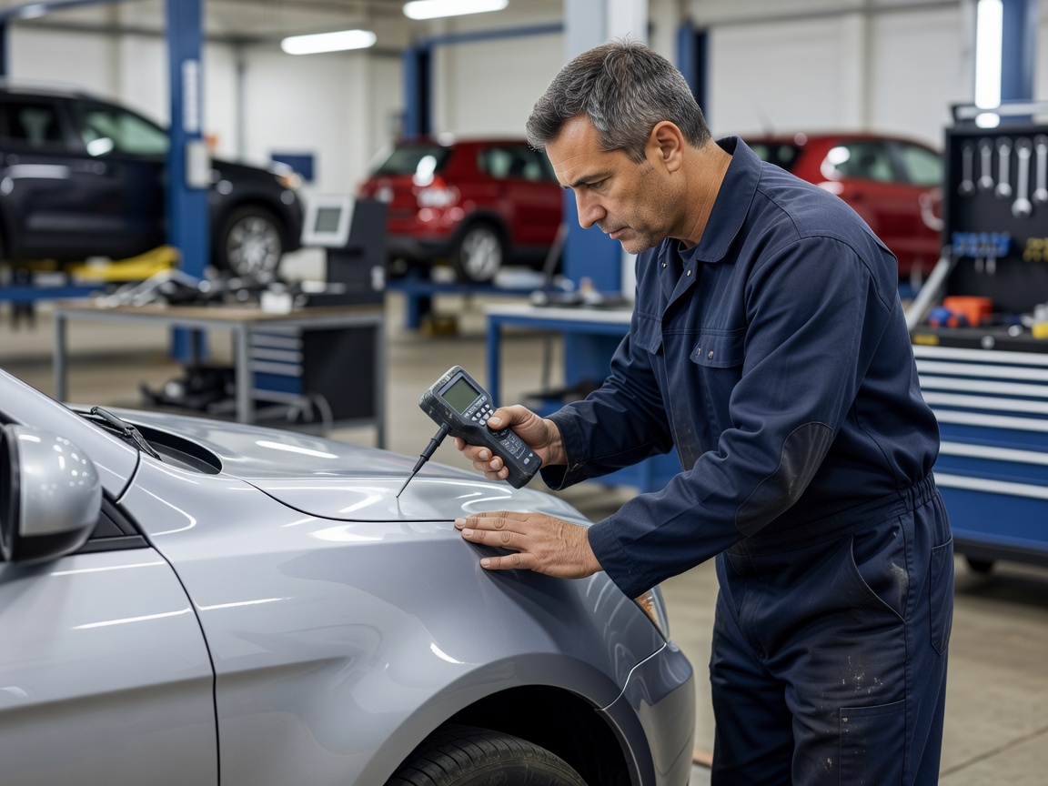 Technical inspector utilizing an electronic paint depth gauge on a vehicle fender