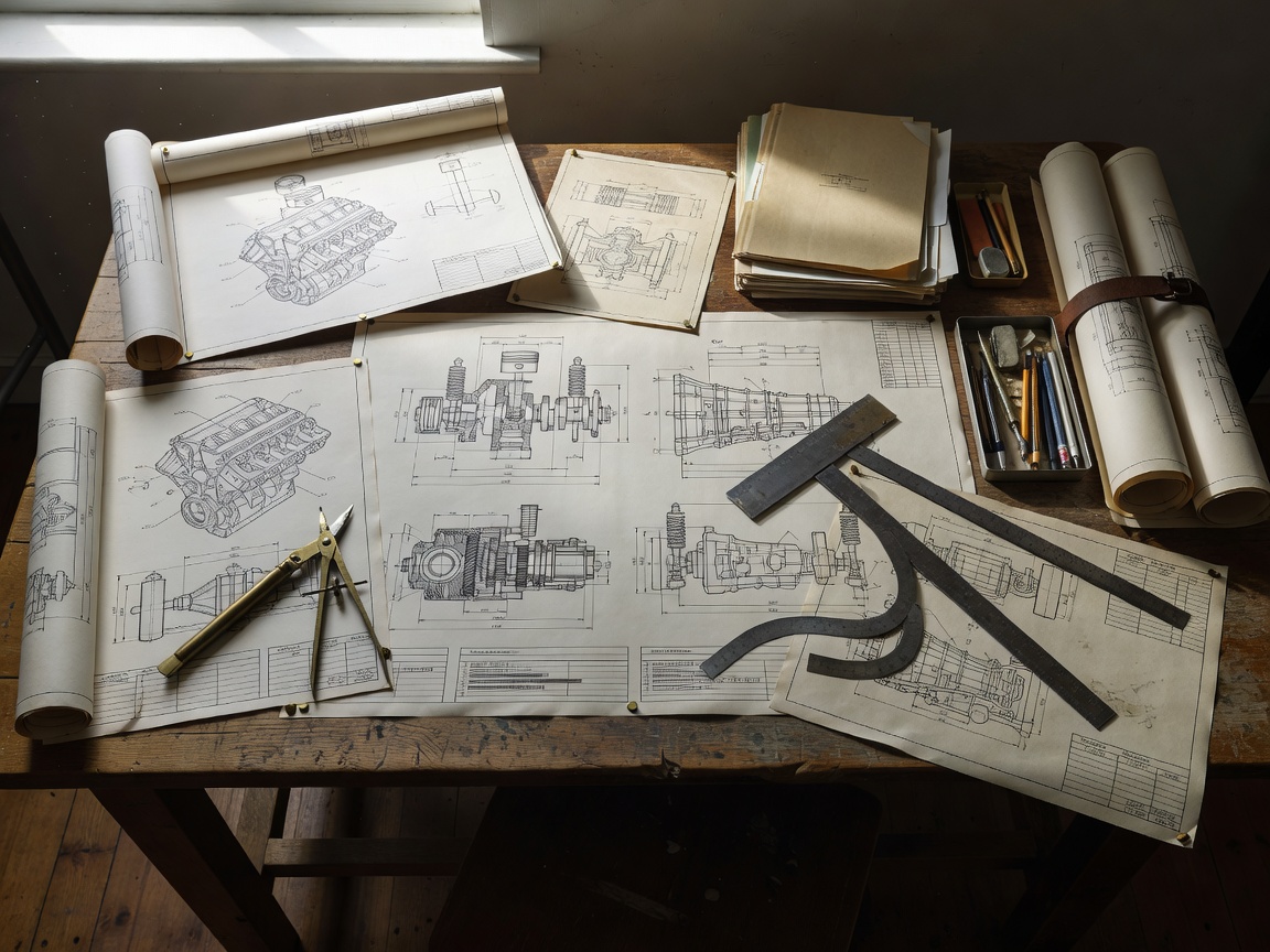 Technical vehicle specification brief dossiers and mechanical schematics on a drafting desk
